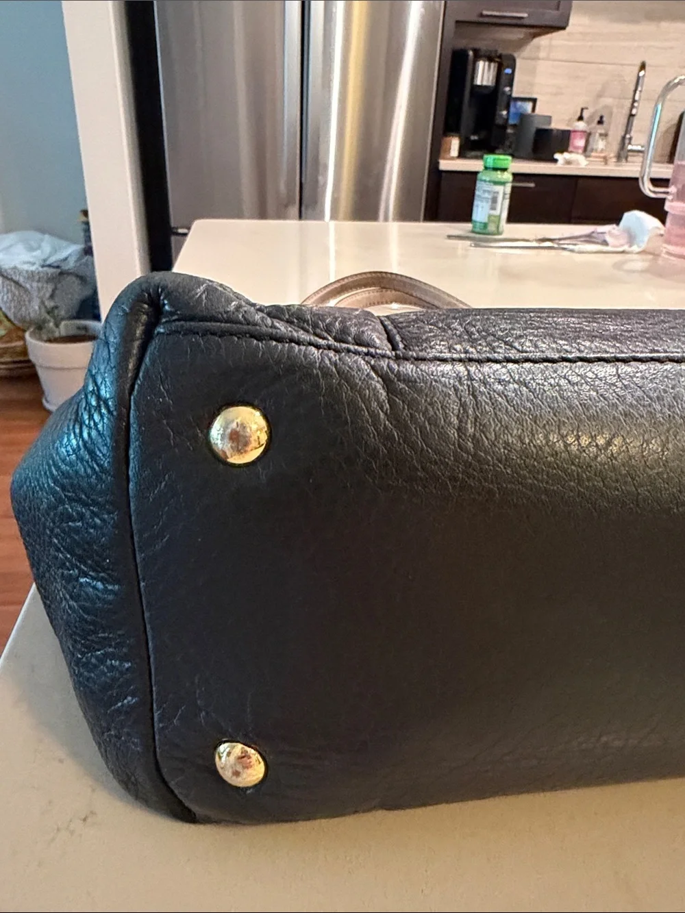 Michael Kors Black Leather Tote with Tan Straps and Gold MK Charm